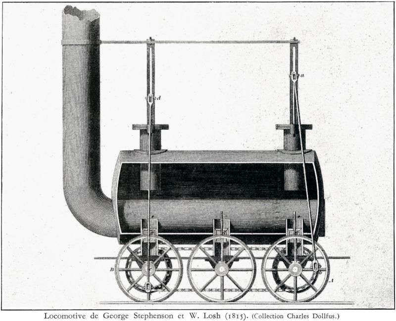 Locomotive de George Stephenson et W. Losh montée sur 6 cylindres à vapeur - 1815