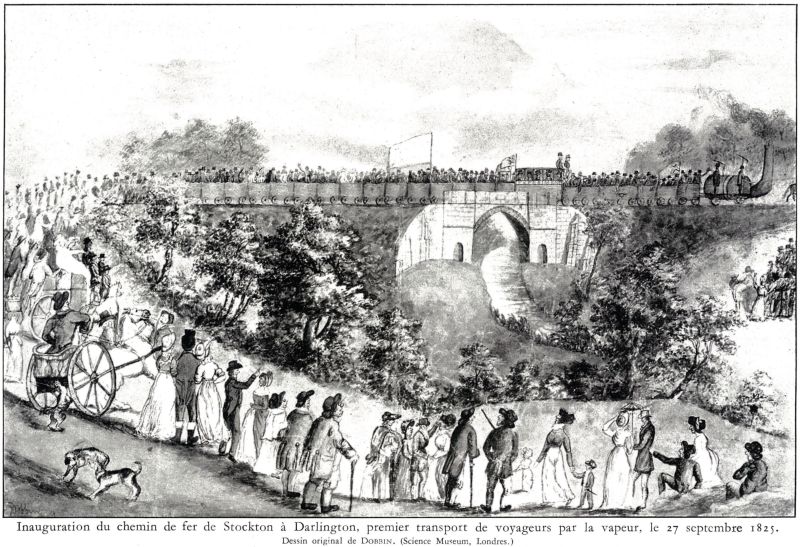 Inauguration du chemin de fer de Stockton à Darlington, premier transport de voyageurs par la vapeur, le 27 septembre 1825