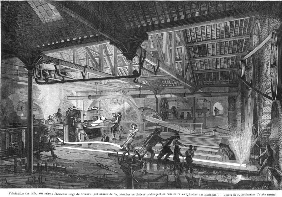 Fabrication des rails, vue prise à l'ancienne forge du Creusot