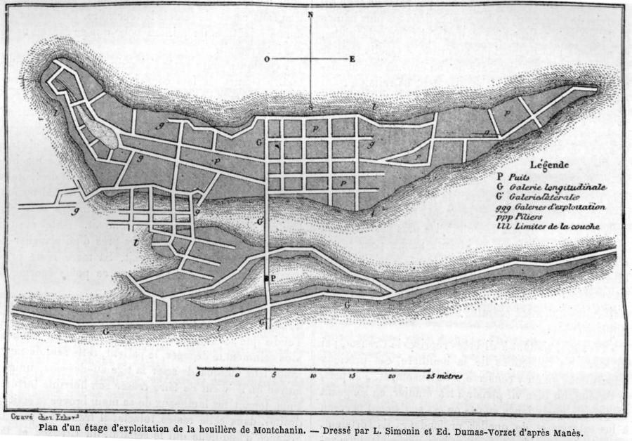 Plan d'un étage d'exploitation de la houillère de Montchanin